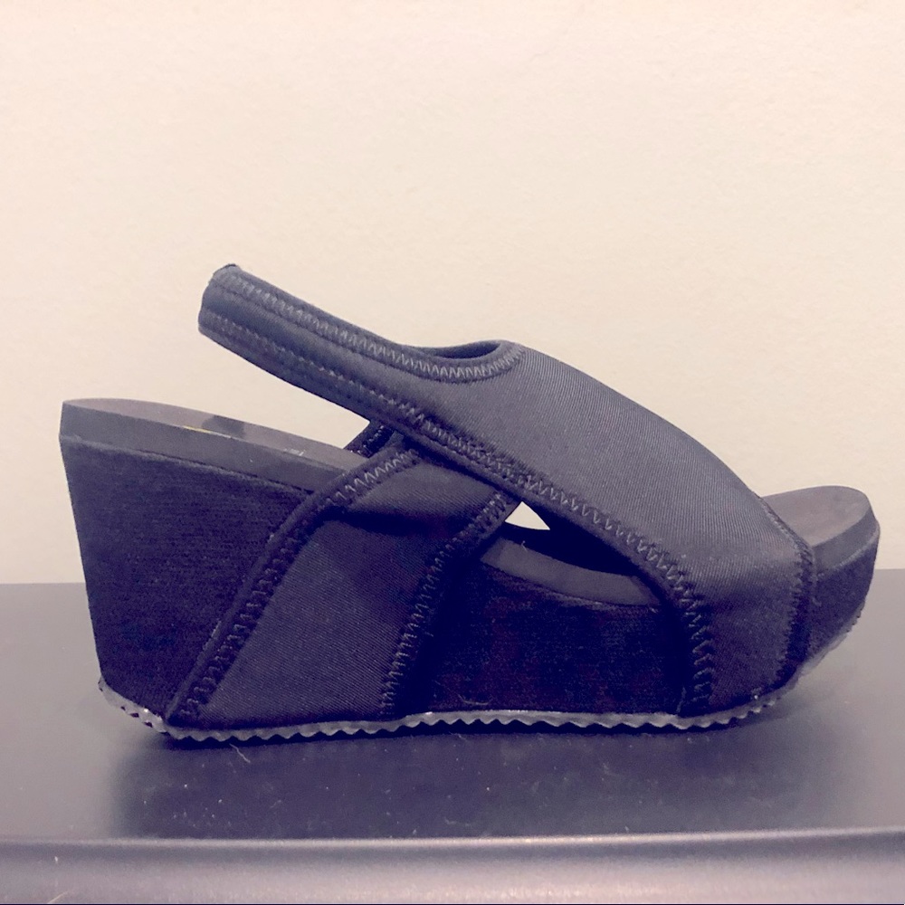 Volatile Black Stretchy Slingback Wedge Sandal